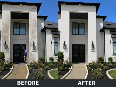 Before and after house washing results on a stucco home exterior