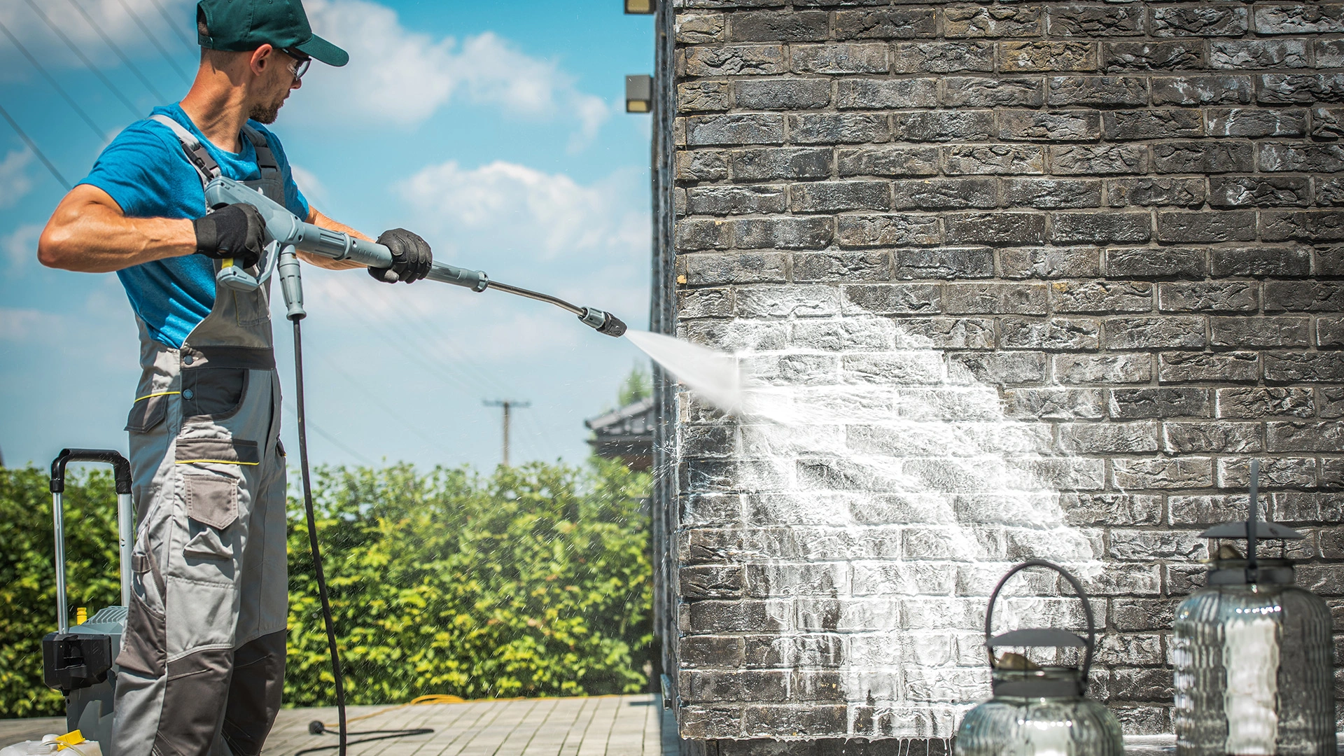 Worker pressure washing a brick building exterior wall