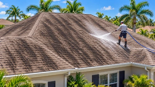 Black algae streaks on asphalt shingle roof before cleaning in Palm Coast, FL