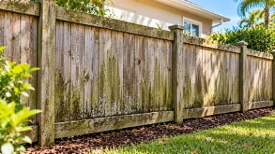 Weathered wood fence with algae and dark staining before cleaning